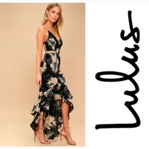 Lulus Darling Daylily Black Floral Print High-Low Maxi Dress Sz M